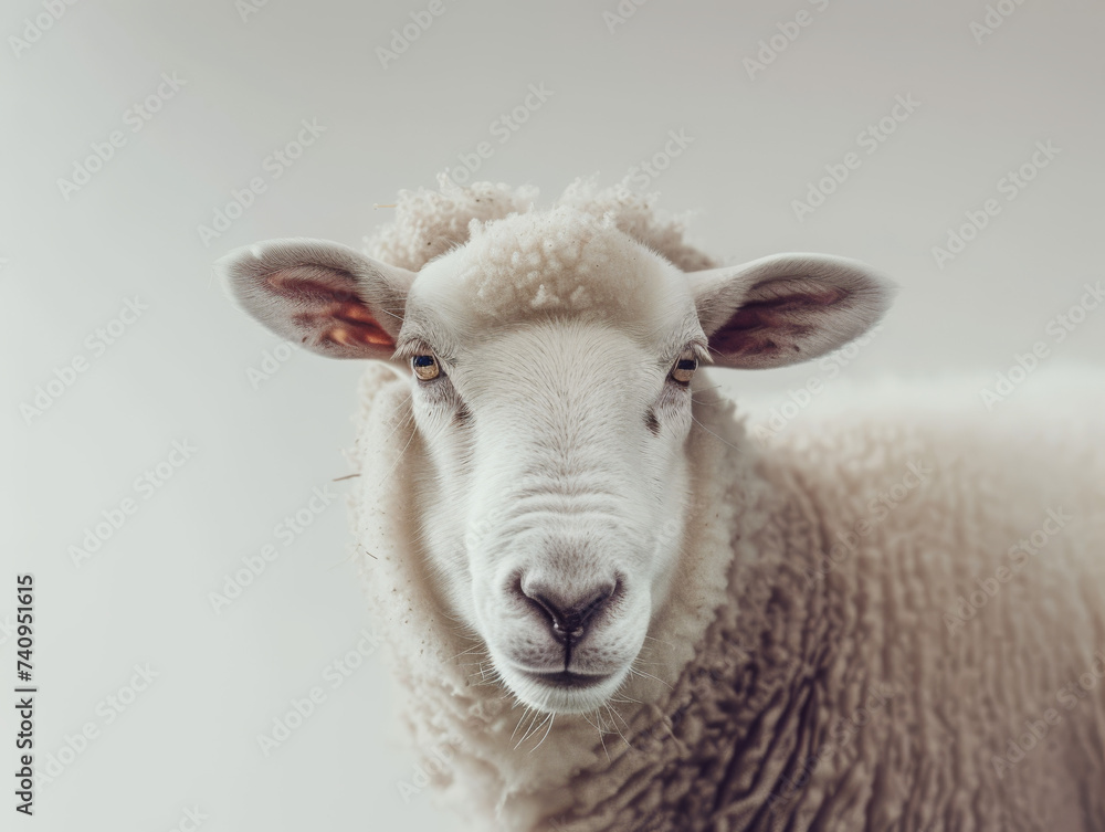 Fototapeta premium A peaceful sheep with a soft woolly coat on plain grey background.