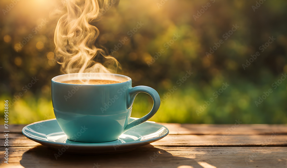 Steaming coffee mug on rustic table Steaming coffee mug on rustic table