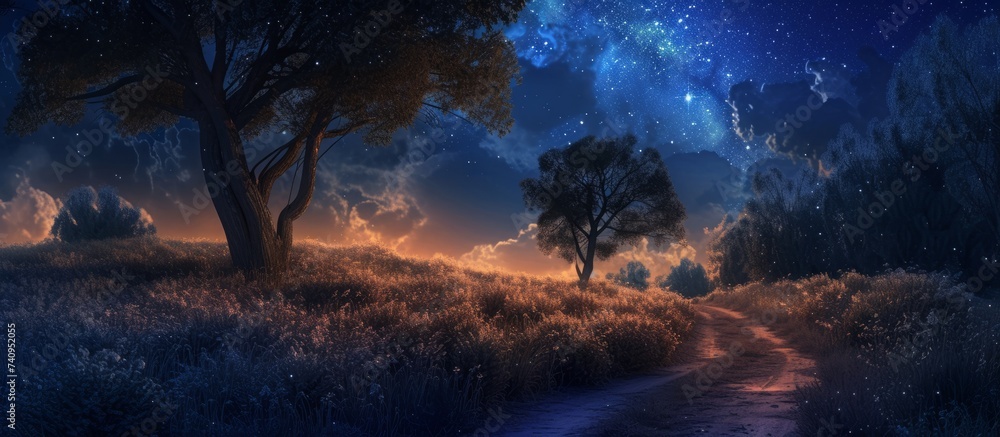 A tranquil path meandering through a field at dusk, enveloped by trees and under a sky filled with stars. The atmosphere is serene, with cumulus clouds floating in the horizon