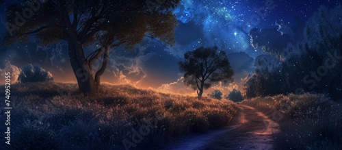 A tranquil path meandering through a field at dusk, enveloped by trees and under a sky filled with stars. The atmosphere is serene, with cumulus clouds floating in the horizon