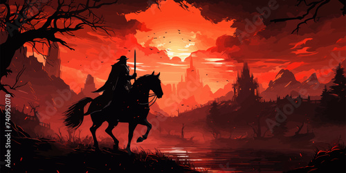 The knight with spear riding a horse through the fire forest, digital art style, illustration painting -