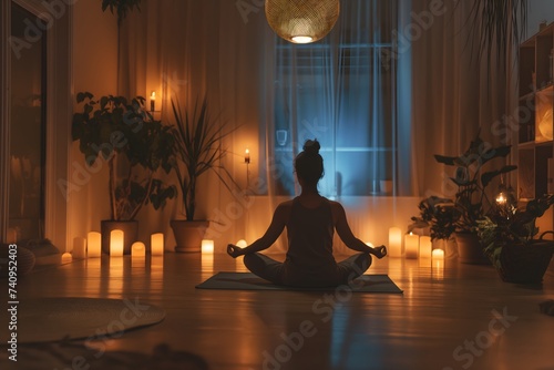 Serene Meditation Space with Woman Practicing Yoga by Candlelight