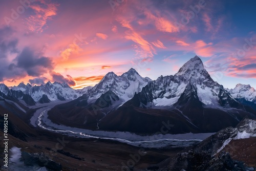 Majestic Mountain Peaks Bathed in the Warm Glow of a Vibrant Sunset Sky