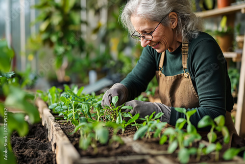 Happy senior woman plants young vegetables in beds