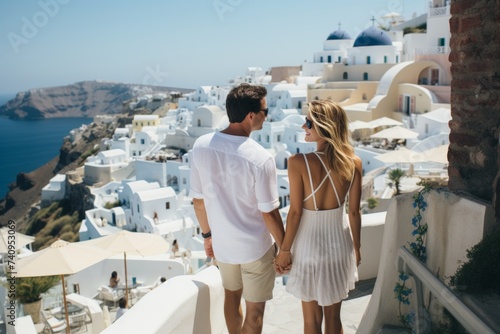 Fototapeta Naklejka Na Ścianę i Meble -  Young couple exploring streets of santorini, greece with captivating ocean views