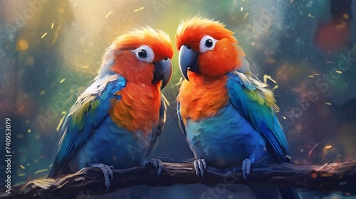 A pair of lovebirds with colorful wings perched on a dry tree branch in the forest background photo