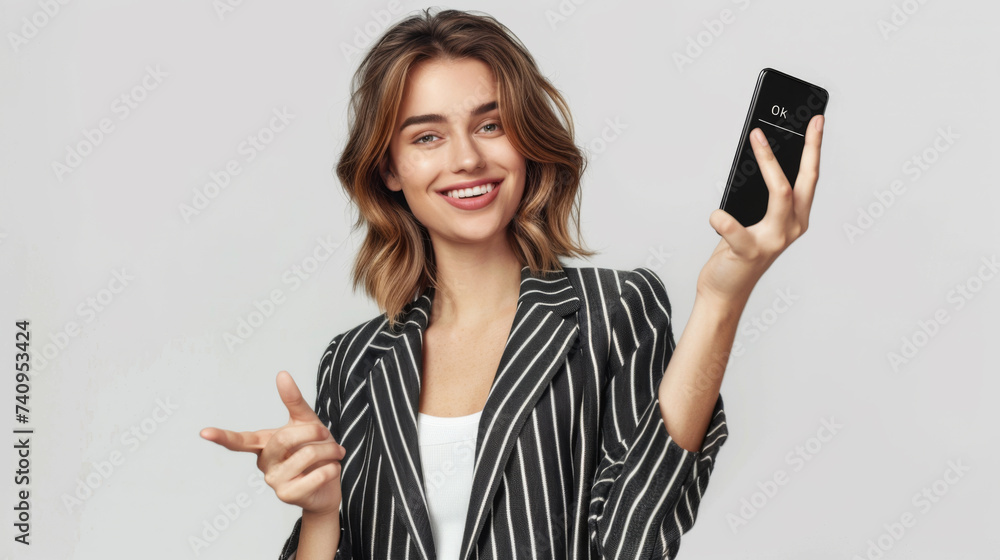 A smiling woman holding a smartphone gives a thumbs-up gesture with one hand while looking at the camera. A smiling woman holding a smartphone gives a thumbs-up gesture with one hand while looking at the camera.