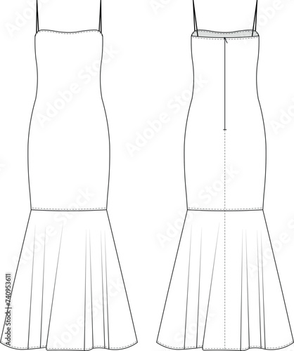 sleeveless spaghetti straps strappy square neck flared mermaid long maxi dress gown template technical drawing flat sketch cad mockup fashion woman design style model
