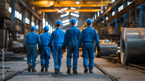 industrial workers in blue uniforms and hard hats walking away in a large industrial facility or factory photo