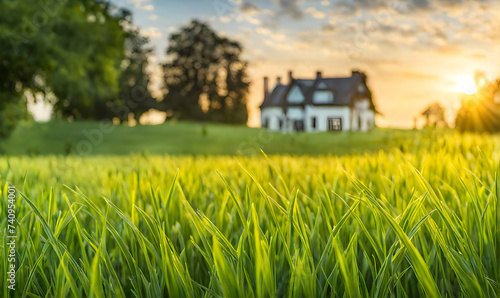 Green grass in a wide meadow  country house in the background  artistically blurred