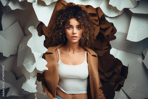 Young fashion woman with shopping bags through torn paper hole in the wall photo