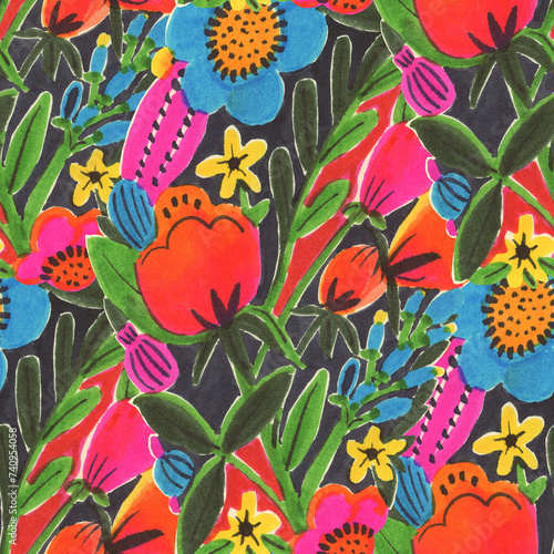 Seamless pattern with flowers. Drawing with markers.