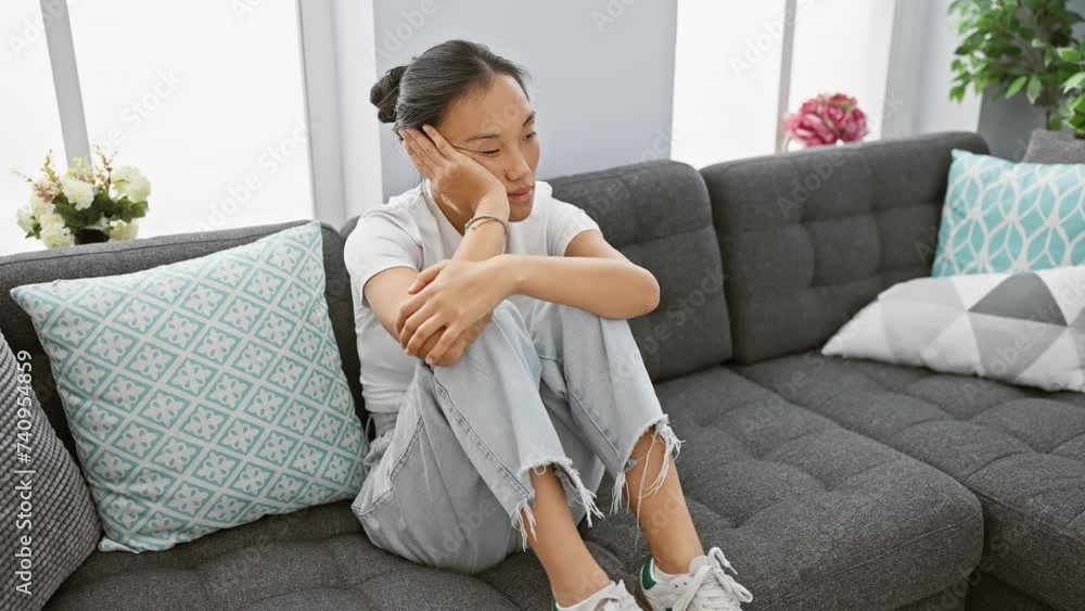 A contemplative asian woman in casual attire sits thoughtfully on a couch indoors, surrounded by modern home decor. A contemplative asian woman in casual attire sits thoughtfully on a couch indoors, surrounded by modern home decor.