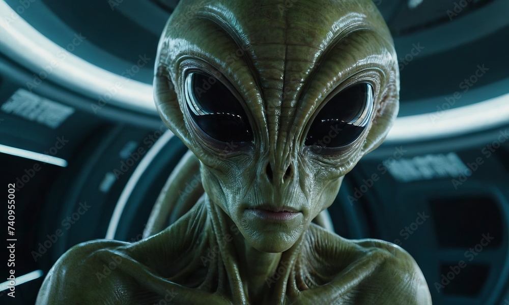 Portrait of an alien with big black eyes in a spaceship Portrait of an alien with big black eyes in a spaceship