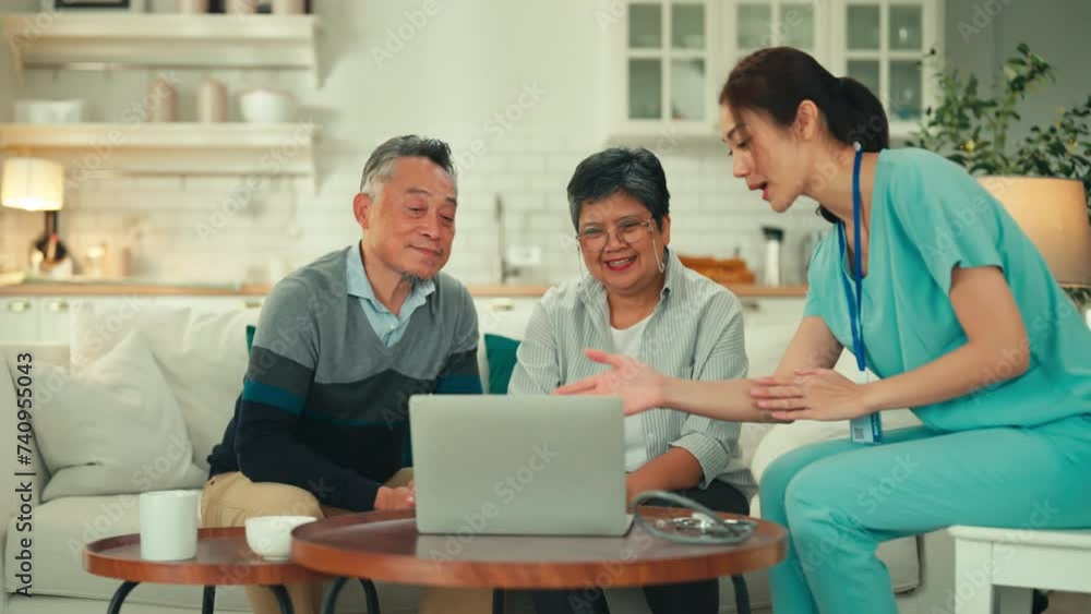 young nurse explaining medical results in digital tablet laptop to senior couple Asian older woman talking to young female nurse doctor help patient education Care Retirement Volunteer Charity Nursing young nurse explaining medical results in digital tablet laptop to senior couple Asian older woman talking to young female nurse doctor help patient education Care Retirement Volunteer Charity Nursing