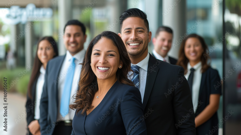 group of professional individuals, likely a business team, standing together and smiling at the camera. group of professional individuals, likely a business team, standing together and smiling at the camera.