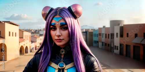 A close-up image of a girl with pink hair and a jacket with metallic inserts against the backdrop of a city street.