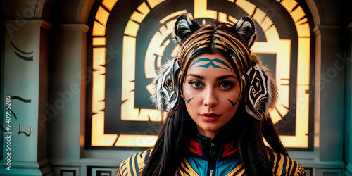 A close-up image of a girl with streaked hair and a tiger-colored jacket against the background of an abstract wall.