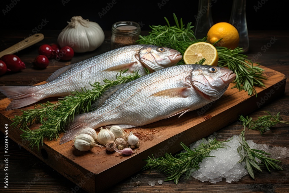 fresh fish on wooden board beside herbs fresh fish on wooden board beside herbs