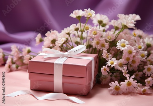 gift box containing gift and flowers on a pink background