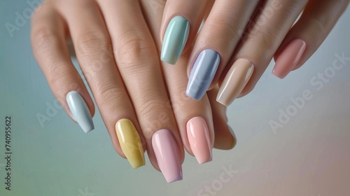 Delicate female hands with nails painted in soft pastel hues set against a pa...