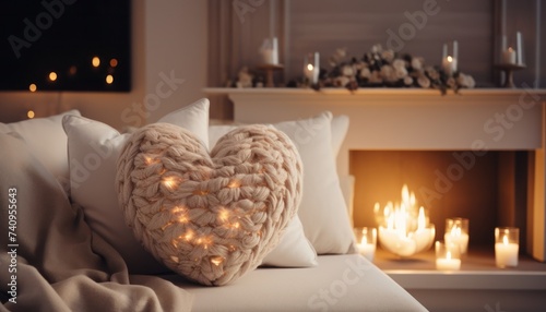 heart shape on fireplace and white pillows, soft edges and atmospheric effects