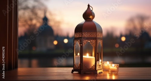 islamic lantern on the window sill in frontal view of ruys photo