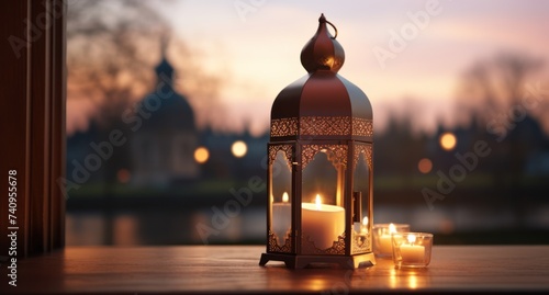 islamic lantern on the window sill in frontal view of ruys