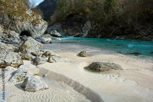 The Soca River near Kal-Koritnica in the Bovec municipality of the Primorska or Littoral region, north west Slovenia. This Alpine river flows from the Trenta Valley in the Julian Alps, entering Italy  photo