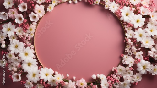 circle of white flowers on pink and green background