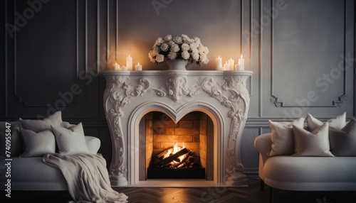 heart shape on fireplace and white pillows, soft edges and atmospheric effects