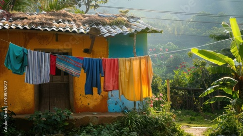 Colorful clothes sway on a line, drying in the warm sunlight, adding a cheerf...