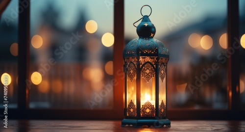 islamic lantern on the window sill in frontal view of ruys photo