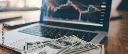 Focused view of cash on a laptop keyboard with stock market graphs, illustrating financial trading