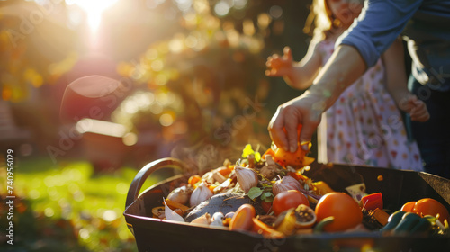 Generative AI, Family composting food waste in the garden in compost bin