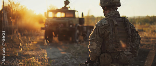 Back view of a soldier gazing towards a military vehicle at sunset, evoking a sense of duty and service photo