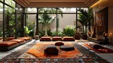 Moroccan souk inspired office with vibrant rugs and exotic furnishings, modern office interior design