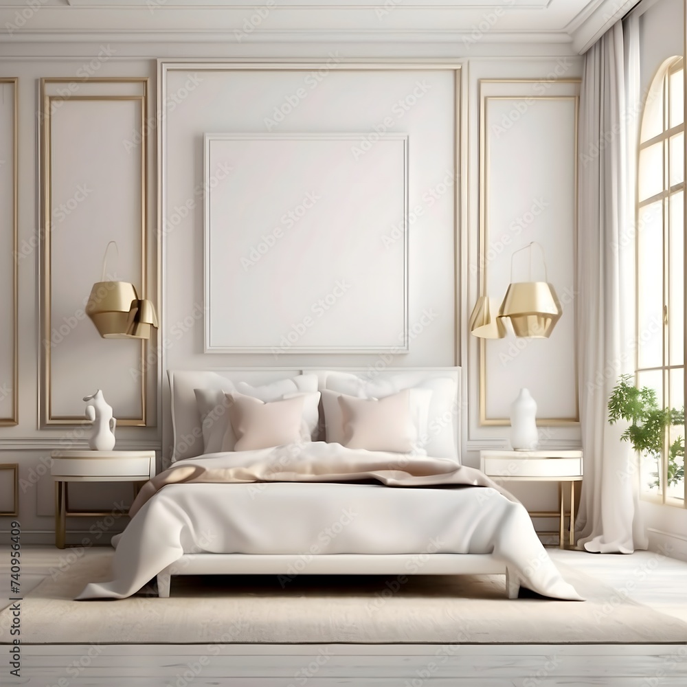 Mockup poster frame in white luxury bedroom interior, 3d render Mockup poster frame in white luxury bedroom interior, 3d render
