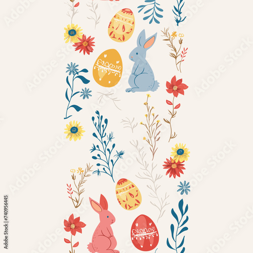 Colourful easter banner with bunnies, eggs and flowers