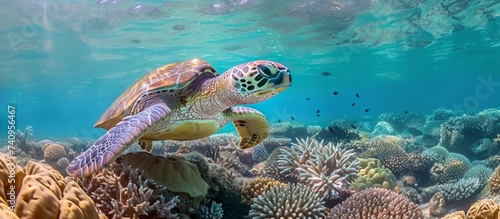 A sea turtle gracefully moves through the fluid underwater environment of a coral reef  surrounded by stony coral and marine biology