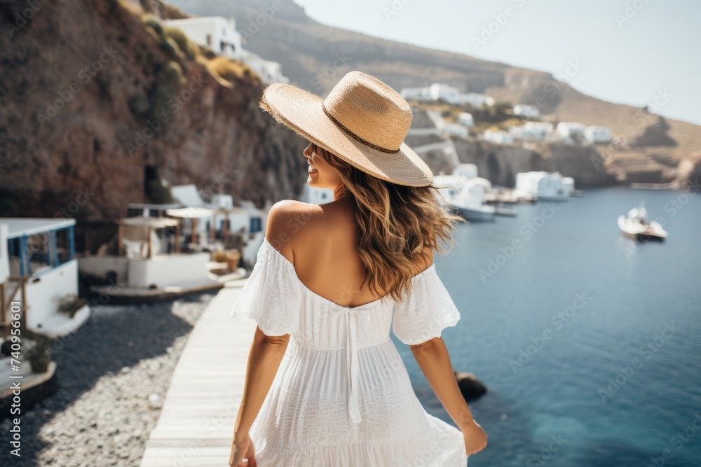 Happy female tourist in stylish white dress and hat admiring the stunning santorini scenery