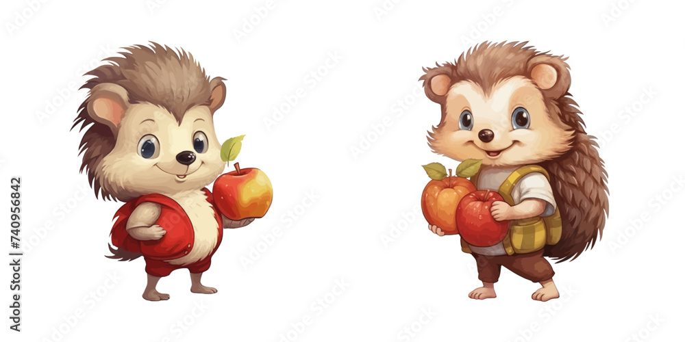 Fototapeta premium Cartoon Hedgehog Carries an Apple. Vector Illustration