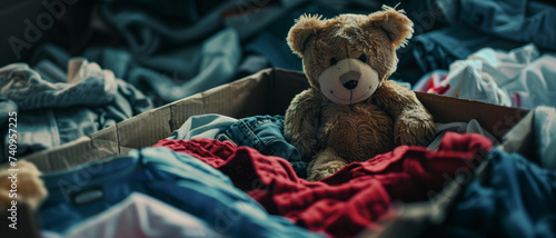A teddy bear amidst a pile of colorful clothes in a donation box, symbolizing charity and childhood memories photo
