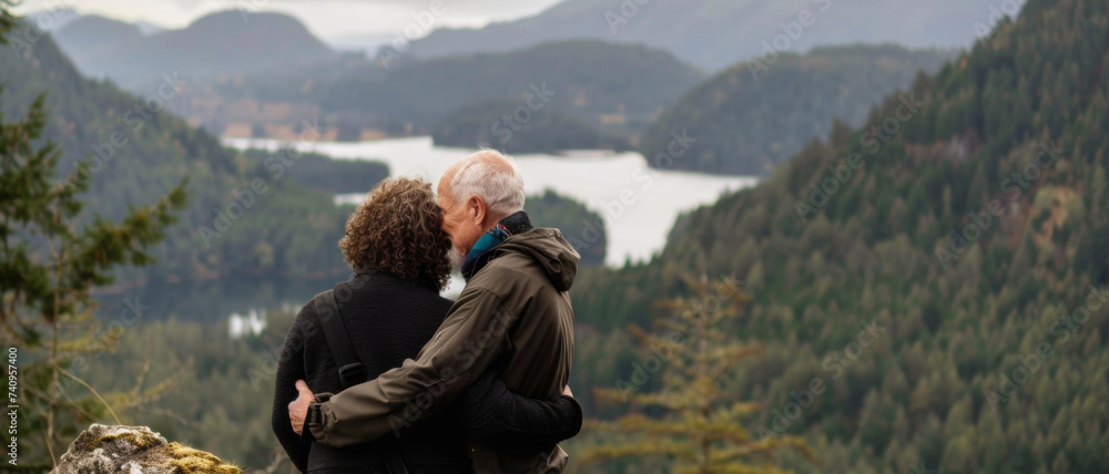 Elderly couple embracing while looking over a scenic view, reflecting love and lifelong companionship