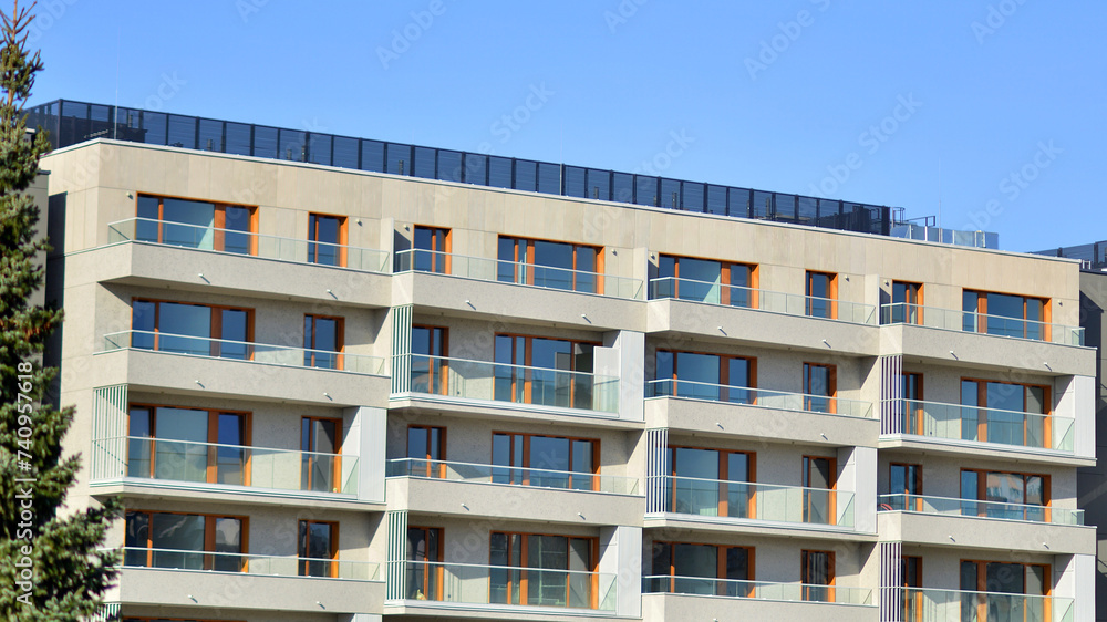 Modern architecture of urban residential apartment building. Apartment building exterior, residential house facade. Modern architecture of urban residential apartment building. Apartment building exterior, residential house facade.