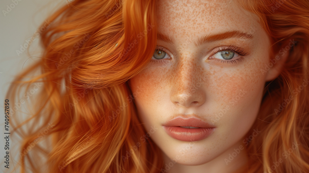 Isolated woman with copper-colored hair with a hint of coppery glow, Ai generated image Isolated woman with copper-colored hair with a hint of coppery glow, Ai generated image