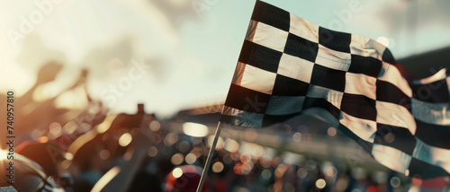 Racing checkered flags wave at a motorsport event, signaling high-speed competition and victory