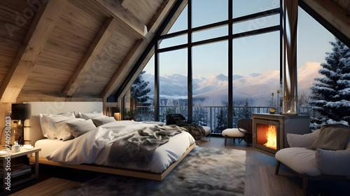 A cozy living room with a white bed in an eco retreat nestled amidst snowy peaks, with floor-to-ceiling windows offering panoramic views of the winter landscape and comfortable seating arrangements. © Abbas Samar shad
