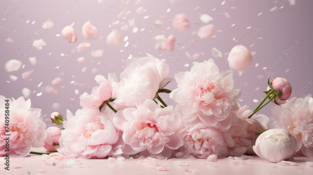 pink peonies arranged among white branches, leaves and confetti pink peonies arranged among white branches, leaves and confetti