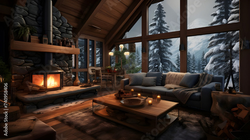  A cozy living room in an eco-conscious cabin tucked away in the snowy forest, with a crackling fire in the hearth. © Abbas Samar shad